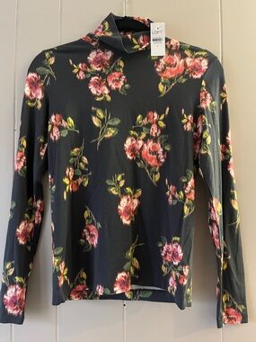 LOFT Black Floral Mock Neck Long-Sleeve Top